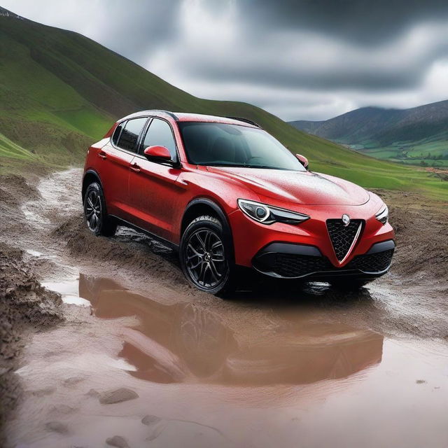 A detailed image of an Alfa Romeo Stelvio navigating through a muddy terrain