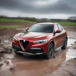 A detailed image of an Alfa Romeo Stelvio navigating through a muddy terrain