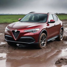 A detailed image of an Alfa Romeo Stelvio navigating through a muddy terrain