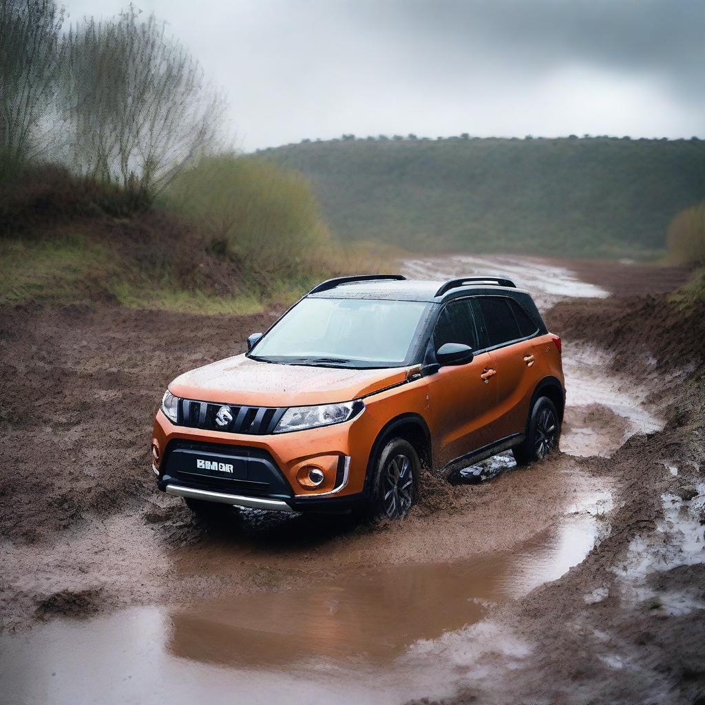 A detailed image of a Suzuki Vitara navigating through a muddy terrain