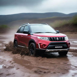 A detailed image of a Suzuki Vitara navigating through a muddy terrain