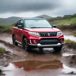 A detailed image of a Suzuki Vitara navigating through a muddy terrain