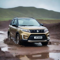 A detailed image of a Suzuki Vitara navigating through a muddy terrain