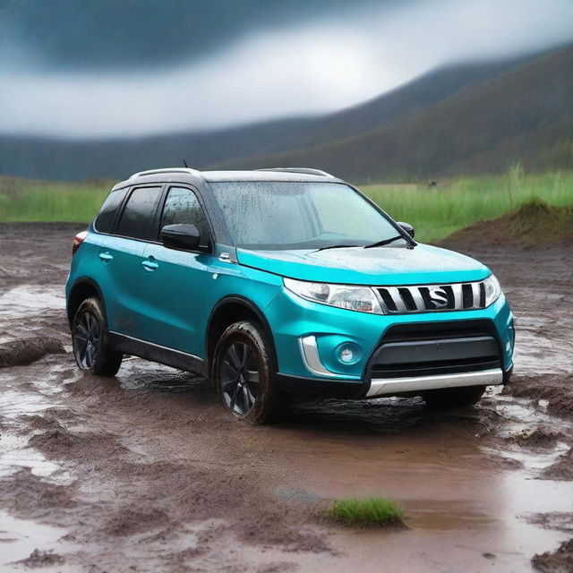 A detailed image of a Suzuki Vitara Atlantis turquoise with a white roof navigating through a muddy terrain while it's raining