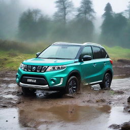 A detailed image of a Suzuki Vitara Atlantis turquoise with a white roof navigating through a muddy terrain while it's raining