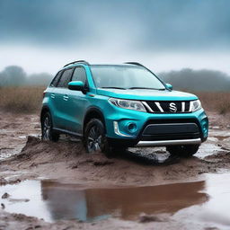 A detailed image of a Suzuki Vitara Atlantis turquoise with a white roof navigating through a muddy terrain while it's raining