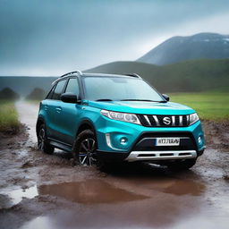 A detailed image of a Suzuki Vitara Atlantis turquoise with a white roof navigating through a muddy terrain while it's raining