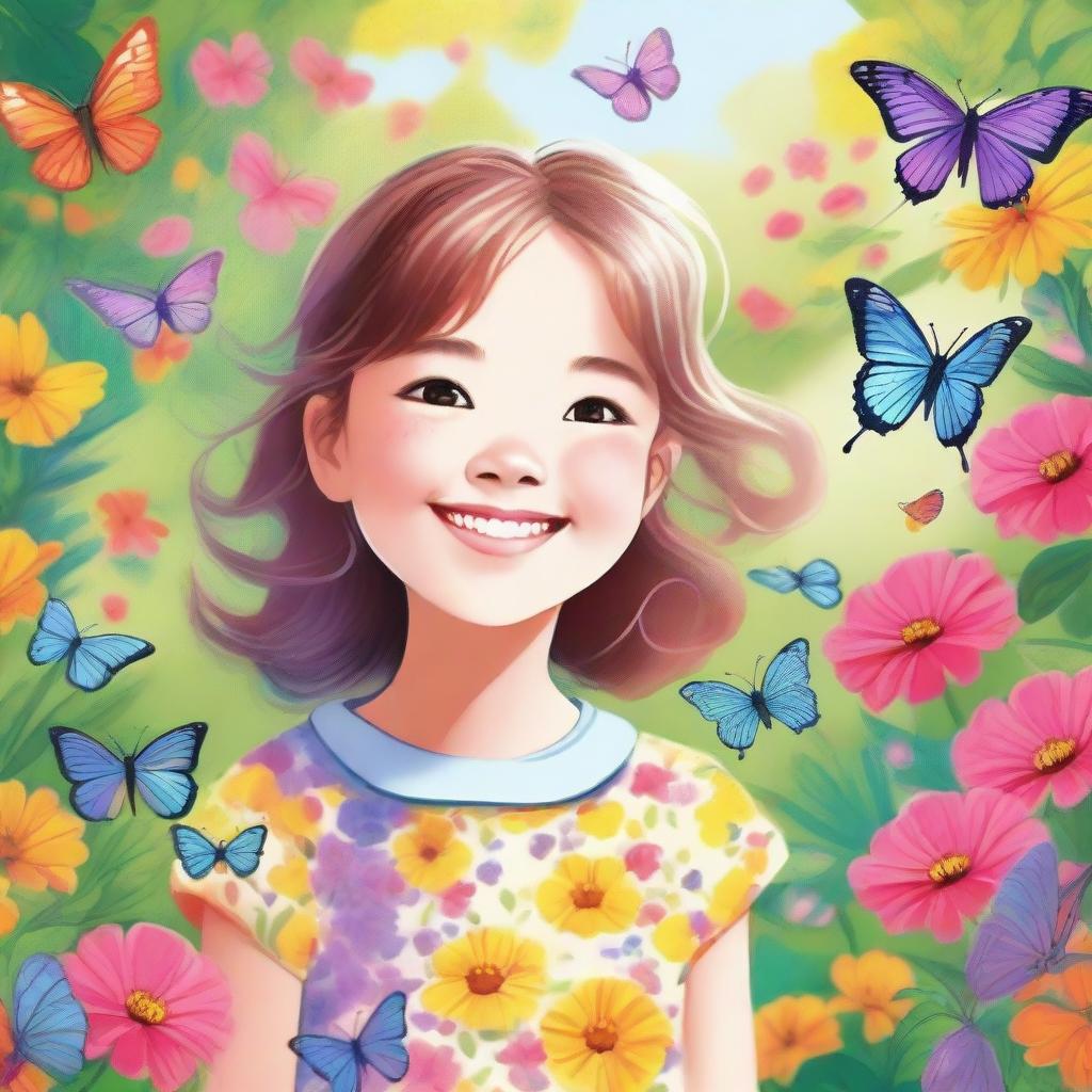 A detailed and vibrant illustration of a young girl with a joyful expression, standing in a beautiful garden filled with colorful flowers and butterflies