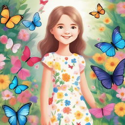 A detailed and vibrant illustration of a young girl with a joyful expression, standing in a beautiful garden filled with colorful flowers and butterflies