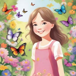 A detailed and vibrant illustration of a young girl with a joyful expression, standing in a beautiful garden filled with colorful flowers and butterflies