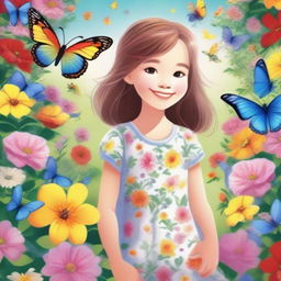 A detailed and vibrant illustration of a young girl with a joyful expression, standing in a beautiful garden filled with colorful flowers and butterflies