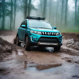 A detailed image of a Suzuki Vitara Atlantis turquoise with a white roof navigating through a muddy terrain while it's raining