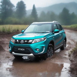 A detailed image of a Suzuki Vitara Atlantis turquoise with a white roof navigating through a muddy terrain while it's raining