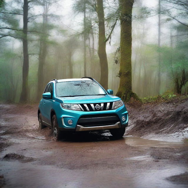 A detailed image of a Suzuki Vitara Atlantis turquoise with a white roof navigating through a muddy terrain while it's raining