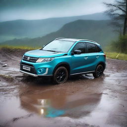 A detailed image of a Suzuki Vitara Atlantis turquoise with a white roof navigating through a muddy terrain while it's raining