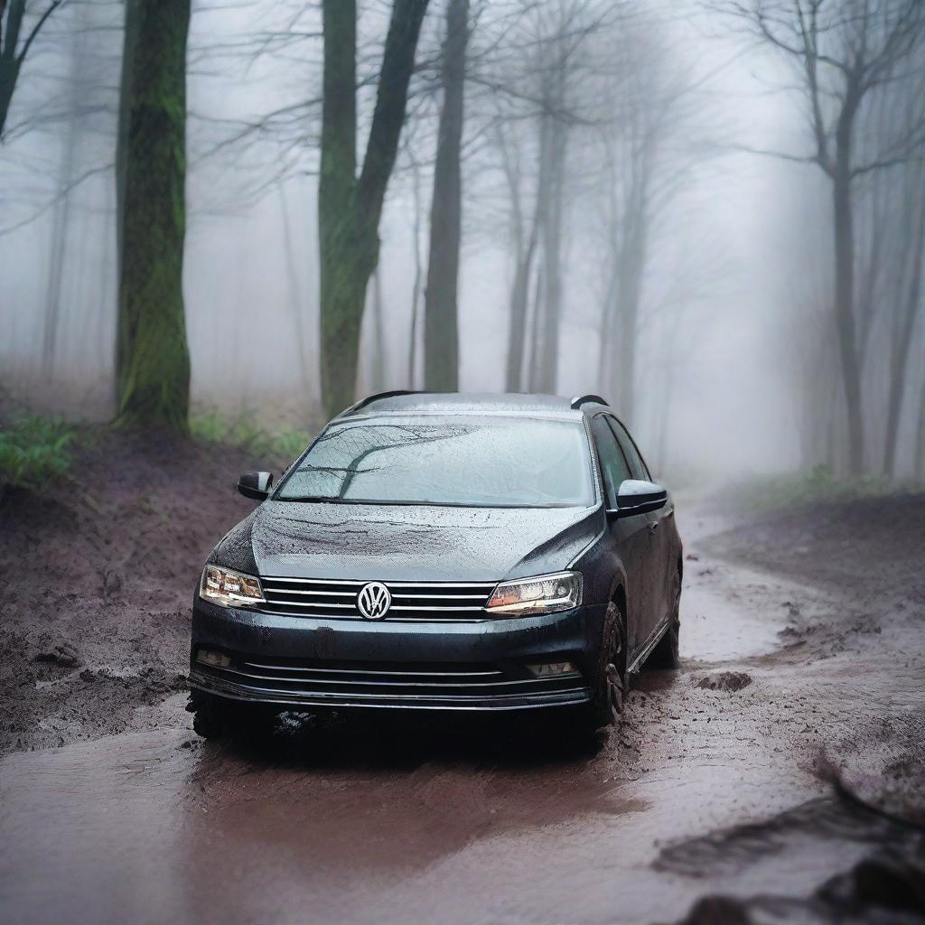 A detailed image of a black 2017 Volkswagen Jetta navigating through a muddy terrain while it's raining