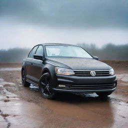 A detailed image of a black 2017 Volkswagen Jetta navigating through a muddy terrain while it's raining