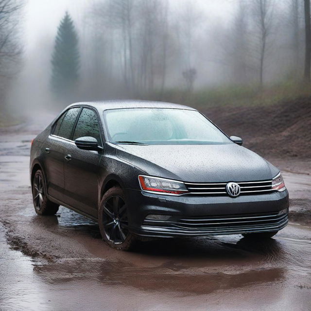 A detailed image of a black 2017 Volkswagen Jetta navigating through a muddy terrain while it's raining