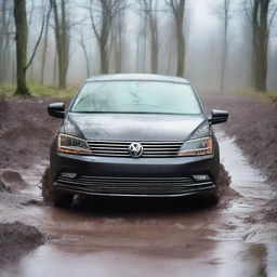 A detailed image of a black 2017 Volkswagen Jetta navigating through a muddy terrain while it's raining