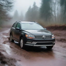 A detailed image of a black 2017 Volkswagen Jetta Alltrack navigating through a muddy terrain while it's raining