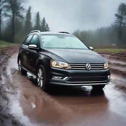 A detailed image of a black 2017 Volkswagen Jetta Alltrack navigating through a muddy terrain while it's raining