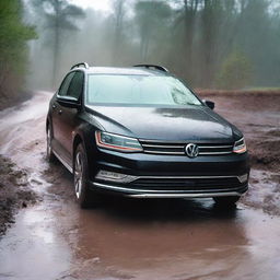 A detailed image of a black 2017 Volkswagen Jetta Alltrack navigating through a muddy terrain while it's raining