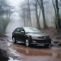 A detailed image of a black 2017 Volkswagen Jetta Alltrack navigating through a muddy terrain while it's raining