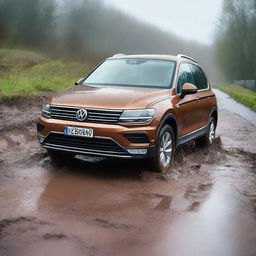 A detailed image of a Volkswagen Tiguan navigating through a muddy terrain while it's raining