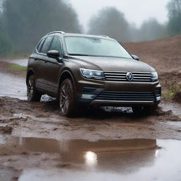 A detailed image of a Volkswagen Tiguan navigating through a muddy terrain while it's raining