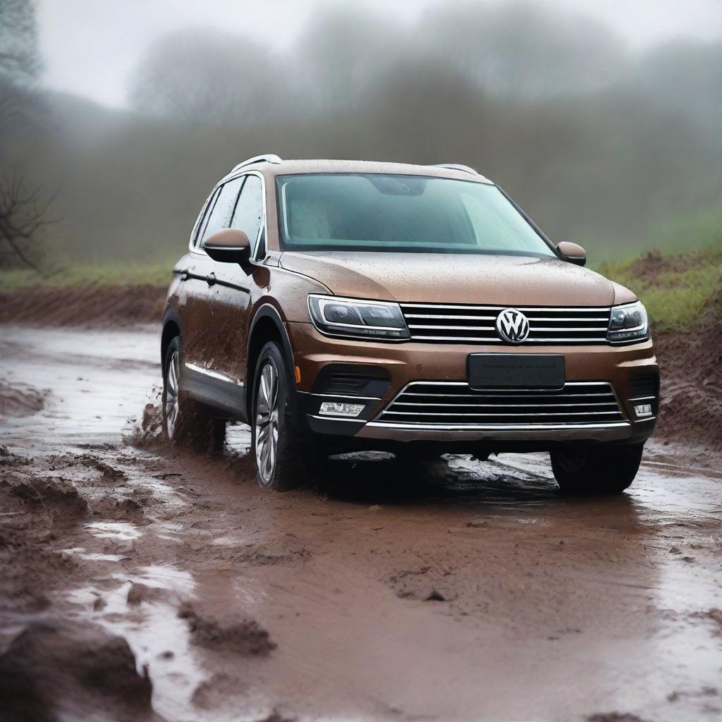 A detailed image of a Volkswagen Tiguan navigating through a muddy terrain while it's raining