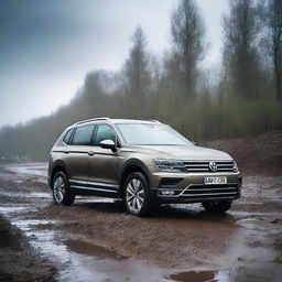 A detailed image of a Volkswagen Tiguan navigating through a muddy terrain while it's raining