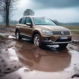 A detailed image of a Volkswagen Tiguan stuck in a muddy terrain while it's raining