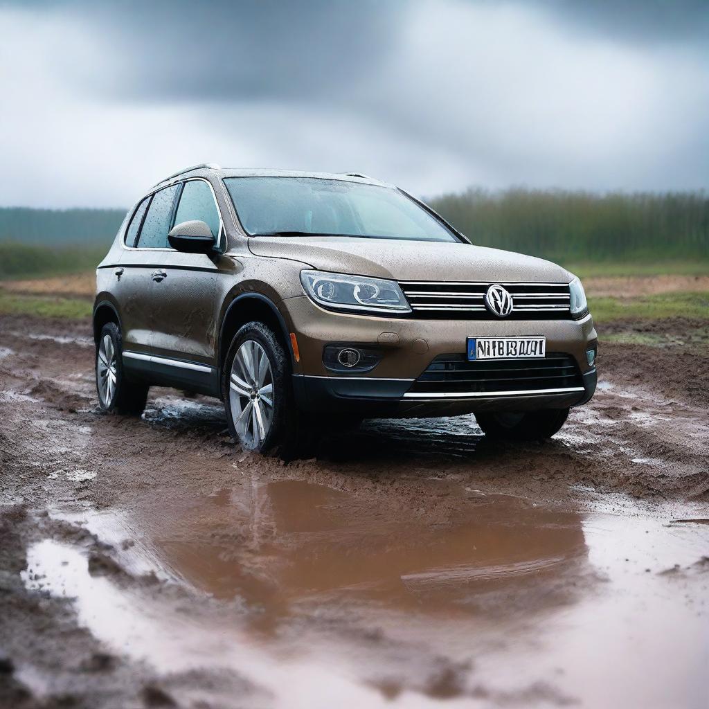 A detailed image of a Volkswagen Tiguan stuck in a muddy terrain while it's raining