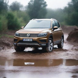 A detailed image of a Volkswagen Tiguan stuck in a muddy terrain while it's raining