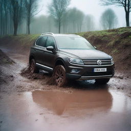 A detailed image of a Volkswagen Tiguan stuck in a muddy terrain while it's raining