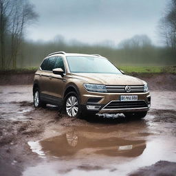 A detailed image of a Volkswagen Tiguan stuck in a muddy terrain while it's raining