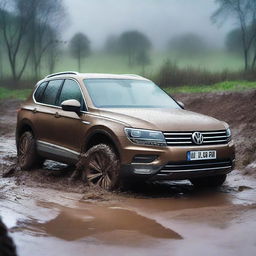 A detailed image of a Volkswagen Tiguan stuck in a muddy terrain while it's raining