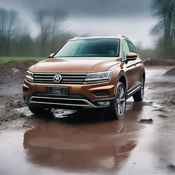 A detailed image of a Volkswagen Tiguan stuck in a muddy terrain while it's raining