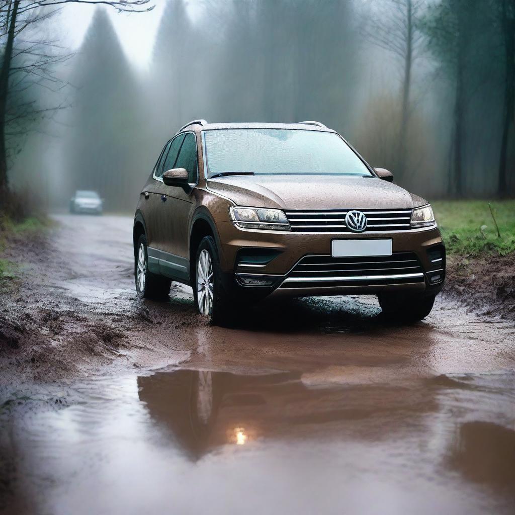 A detailed image of a Volkswagen Tiguan stuck in a muddy terrain while it's raining