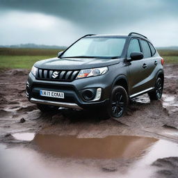 A detailed image of a Suzuki Vitara stuck in a muddy terrain while it's raining