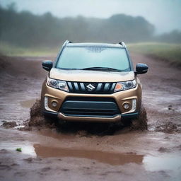 A detailed image of a Suzuki Vitara stuck in a muddy terrain while it's raining