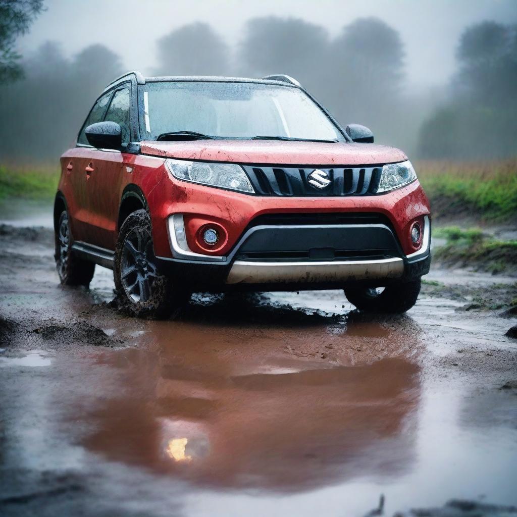 A detailed image of a Suzuki Vitara stuck in a muddy terrain while it's raining