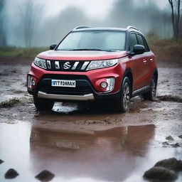 A detailed image of a Suzuki Vitara stuck in a muddy terrain while it's raining