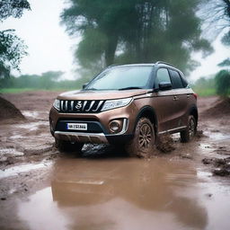 A detailed image of a Suzuki Vitara stuck in a muddy and dusty terrain while it's raining