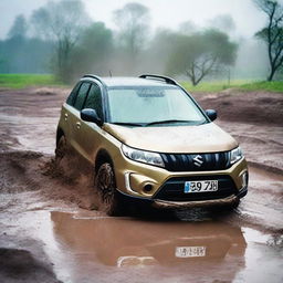 A detailed image of a Suzuki Vitara stuck in a muddy and dusty terrain while it's raining