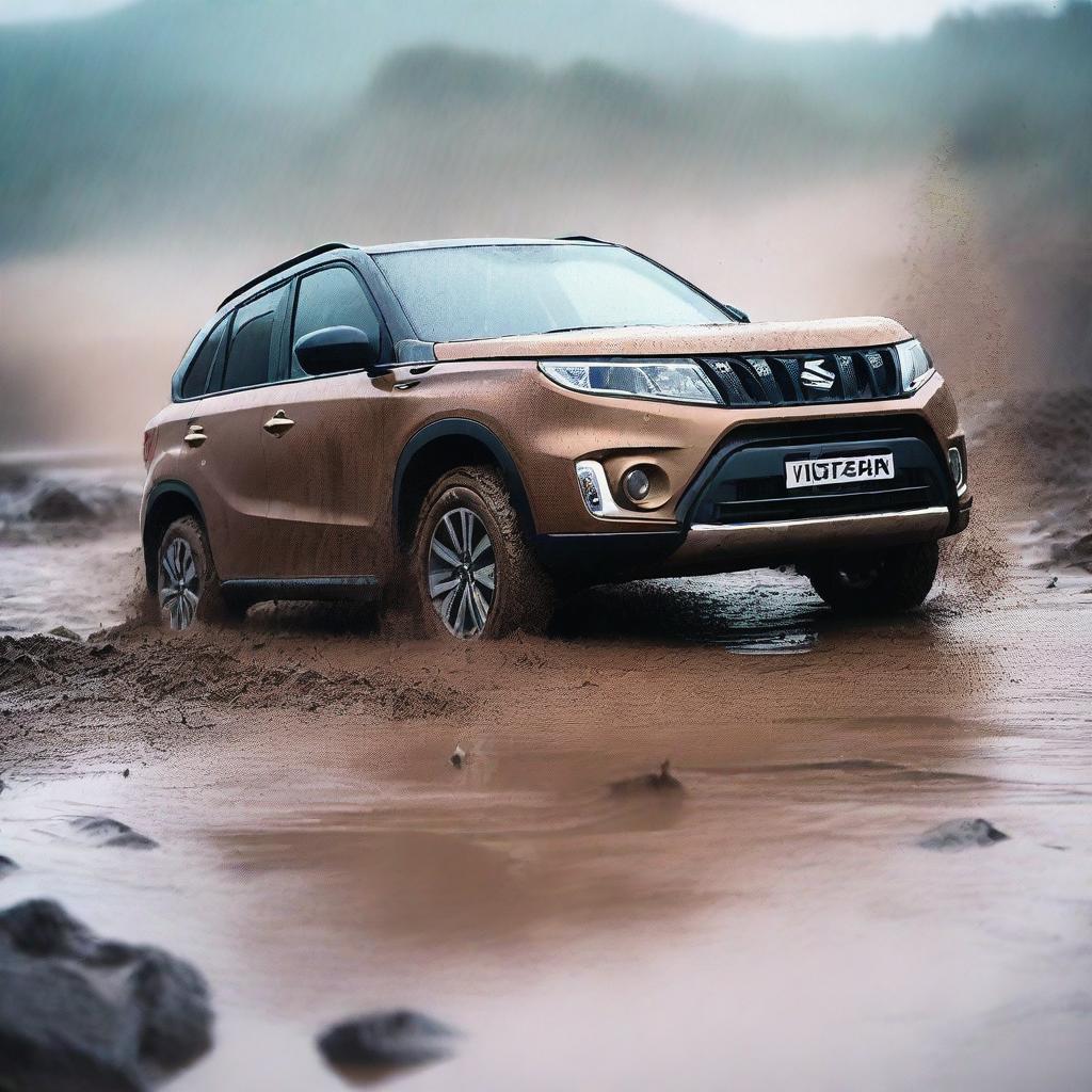 A detailed image of a Suzuki Vitara stuck in a muddy and dusty terrain while it's raining