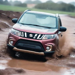 A detailed image of a Suzuki Vitara stuck in a muddy and dusty terrain while it's raining