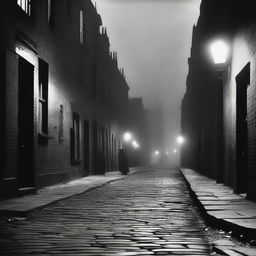 A dark street in London in 1894 with a street rock texture ground, slightly damaged from time