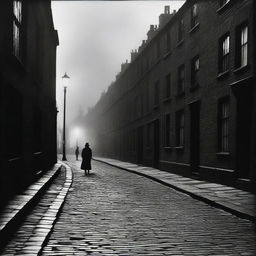 A dark street in London in 1894 with a street rock texture ground, slightly damaged from time