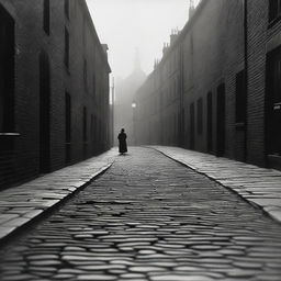 A dark street in London in 1894 with a street rock texture ground, slightly damaged from time